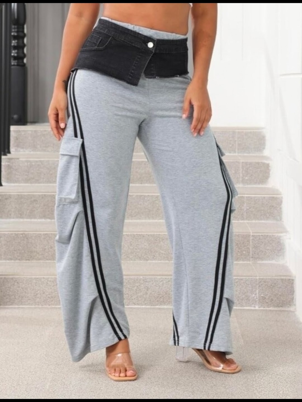 Women's Grey Wide-Leg Cargo High Waisted Denim Patchwork Jogger Pants M NWOT